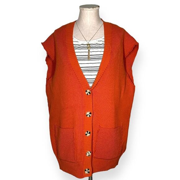 FREE PEOPLE Oakleigh Sweater Vest Ribbed Boyfriend Oversized Lagenlook Orange S - Picture 4 of 16